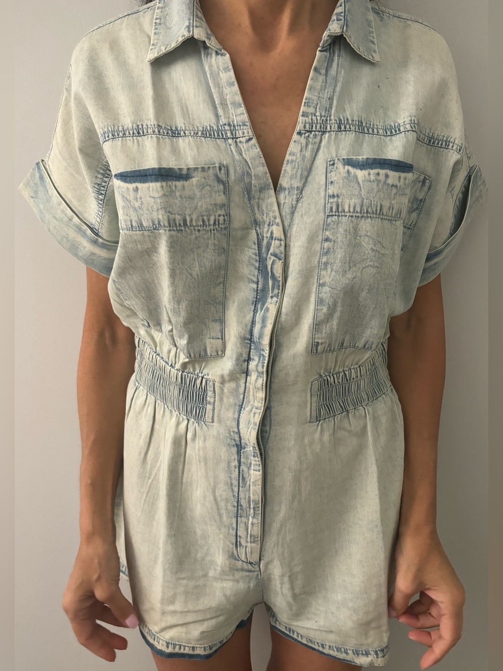 Elan Light Acid-Wash Denim Romper Shorts - Pale Blue
